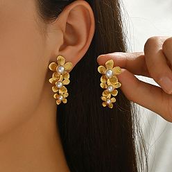 Цветок Серьги шпилька нержавеющая сталь, с имитацией жемчуга, цветок, 38x20 мм