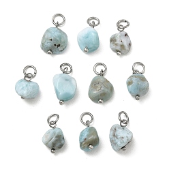 Stainless Steel Color Natural Larimar Pendants, Nuggets Charms with 304 Stainless Steel Open Jump Rings, Stainless Steel Color, 12~15x7~8.5x6~8.5mm, Hole: 3.5mm