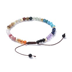 Mixed Stone Adjustable Nylon Thread Braided Beads Bracelets, with Faceted Natural & Synthetic Mixed Gemstone Round Beads and Brass Cube Beads, Faceted, 2 inch~3-1/8 inch(5.1~8.1cm)