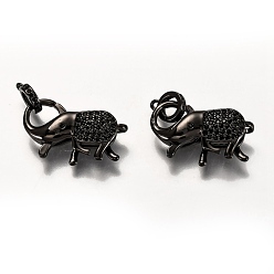 Electrophoresis Black Brass Micro Pave Black Cubic Zirconia Lobster Claw Clasps, with Bail Beads/Tube Bails, Long-Lasting Plated, Elephant, Electrophoresis Black, 17.5x25x6mm, Hole: 1.2mm