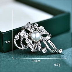 Платина Брошь в виде цветка из сплава кристаллов и страз для рюкзака, с имитацией жемчужина бисера, платина, 20x35 мм