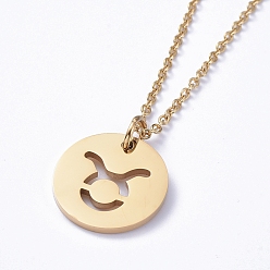 Телец 304 подвесные из нержавеющей стали ожерелья, с кабельными цепями и когтями омара застежками, плоские круглые с двенадцати созвездий, золотые, Телец, 17.7 дюйм (45 см), 2 мм