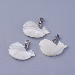 Shell Shell Pendants, with Brass Findings, Whale Shape, Platinum, 15~15.5x19~19.5x3mm, Hole: 2.5x5mm