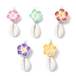 (52) Непрозрачная лаванда Цветок подвески, с натуральными бусинами из смешанных ракушек каури и полимерной глиной ручной работы 3цветочные бусины плюмерии и стеклянные бусины и круглая экологически чистая медная проволока, разноцветные, 48x20x11 мм, отверстие : 3 мм