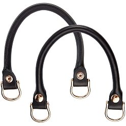 Black Cowhide Bag Handles, with Brass and Alloy Findings, for Bag Straps Replacement Accessories, Golden, Black, 325~335x11x14~15mm