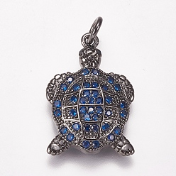 Синий Латунные микро проложить кубического циркония подвески, черепаха, металлический черный , синие, 21x14x4 мм, отверстие : 3 мм