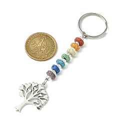 Antique Silver Chakra Natural Lava Rock & Alloy Tree of Life Pendant Keychain, with Iron Split Key Rings, Antique Silver, 11.4cm