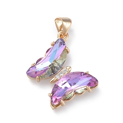 Средний Фиолетовый Латунные микропаве прозрачные подвески с фианитом, со стеклом, бабочка, золотые, средне фиолетовый, 24x21.5x4 мм