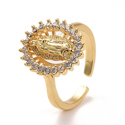 Настоящее золото 18K Регулируемые латунные кольца микро манжеты из прозрачного циркония, открытое кольцо, без свинца и без кадмия, овальные с рисунками " virgin mary", реальный 18 k позолоченный, 2.5 мм, внутренний диаметр: 16.5 мм, овальный : 15.5x13.5 mm