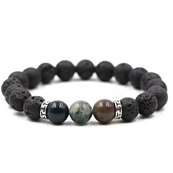 Indian Agate 8MM Round Natural Indian Agate and Natural Lava Rock Beaded Stretch Bracelets for Couples, 7.48 inch(19cm)