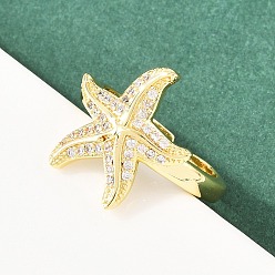 Настоящее золото 18K Кольца-манжеты с микропаве из прозрачных кубических цирконий в форме морской звезды для женщин, стойки покрытие, долговечный, без свинца и без кадмия, реальный 18 k позолоченный, регулируемый, лоток : 17.5x16.5 мм