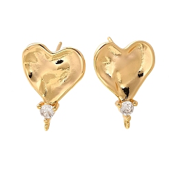 Настоящее золото 18K Латунные серьги-гвоздики из циркония, сердце, реальный 18 k позолоченный, 18x13 мм, отверстие : 1 мм, штифты : 0.8 мм