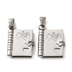 Stainless Steel Color 304 Stainless Steel Pendants, Book with Pinky Promise Charms, Polished, Stainless Steel Color, 25x18x4.5mm, Hole: 5.5x2.5mm