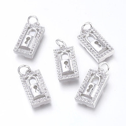 Платина Латунные микро проложить кубического циркония подвески, с прыжковыми кольцами и натуральной оболочкой, долговечный, без кадмия и без свинца и без никеля, прямоугольник с замком, прозрачные, платина, 16x8x3 мм, отверстие : 3.4 мм