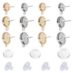 Platinum & Golden DIY Stud Earring Making Kits, include Brass Stud Earring Settings, Silicone Ear Nuts and Transparent Glass Cabochons, Platinum & Golden, Ear Stud: 36pcs/box