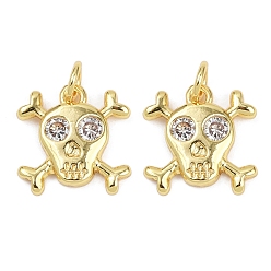 Настоящее золото 18K Латунные микропаве прозрачные подвески с фианитом, без кадмия и без свинца, череп прелести, с целью перехода в кольце, реальный 18 k позолоченный, 13.5x13x2 мм, отверстие : 3 мм
