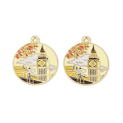 Светло-желтый Подвески из эмали и сплава, золотые, плоский круглый с шармом Биг Бена, светло-желтый, 26x23x1 мм, отверстие : 1.8 мм