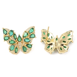 Зеленый Серьги-гвоздики из латуни с фианитом для женщин, без кадмия и без свинца, долговечный, реальный 18 k позолоченный, бабочка, зелёные, 20x25 мм