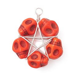 Оранжево-Красный Подвески из бисера в виде черепа из синтетической бирюзы, окрашенные в стиле Хэллоуина, подвески-пентаграммы из медной проволоки, покрытой серебром, оранжево-красный, 30.5x25x10 мм, отверстие : 3 мм