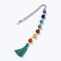 Grün Chakra-Schmuck, Legierung Bookmarks, mit natürlichen / synthetischen Edelsteinperlen, Baumwollfaden-Quasten, grün, 146x14.5 mm