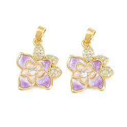 Medium Purple Brass Micro Pave Clear Cubic Zirconia Pendants, with Enamel, Flower Charms, Real 18K Gold Plated, Medium Purple, 21x17x4mm, Hole: 5x2.5mm