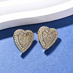 Прозрачный Серьги-гвоздики в форме сердца из латуни с фианитом и кубическим цирконием, долговечный, стойки покрытие, золотые, прозрачные, 15.5x16 мм