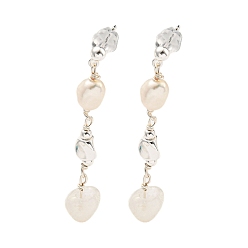 Seashell Color Natural Pearl with Quartz Crystal Stud Earrings, Brass Findingds for Women, Oval, Seashell Color, 43x7mm