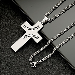Нержавеющая Сталь Цвет 201 Подвеска в виде креста с черным бейсбольным принтом из нержавеющей стали с эмалью, цепочка с пшеничным колосом, цвет нержавеющей стали, 23.62 дюйм (60 см)