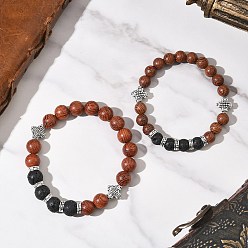 Лавовый камень 2 шт. 2 стили браслеты из натуральной лавы и дерева с круглыми бусинами, наборы для мужчин и женщин, внутренний диаметр: 2-1/4~2-1/2 дюйм (5.7~6.35 см), 1 шт / стиль