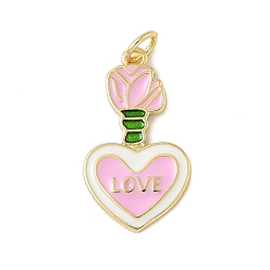 Pink Латунь эмаль подвески, сердце со словом любовь очарование, с целью перехода в кольце, без свинца и без кадмия, долговечный, стойки покрытие, реальный 18 k позолоченный, розовые, 23x13x2 мм, отверстие : 3.4 мм