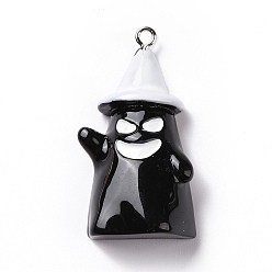 Black Halloween Opaque Resin Pendants, Ghost Charms, with Platinum Tone Iron Loops, Black, 37.5~39x21x10mm, Hole: 2mm