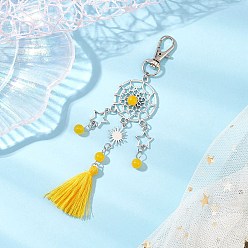 Золотистый Подвеска из натурального и окрашенного малайзийского нефрита и сплава, поворотные застежки и подвески-кисточки из поликоттона для украшений сумок, плоский круг/паутина со звездой и солнцем, золотые, 135 мм