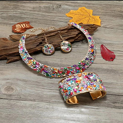 Разноцветный Комплект из колье, браслета-манжеты и серег-подвесок из сплава со стразами и смоляной крошкой, плоских круглых цепочек, красочный, 450 мм