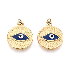 Морской Синий 304 нержавеющей стальной эмали подвески, плоские круглые с сглаза, с целью перехода в кольце, ионное покрытие (ip), реальный 18 k позолоченный, Marine Blue, 20x16x2.5 мм, отверстие : 2.8 мм