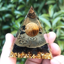 Обсидиан Генераторы энергии смолы оргонитовой пирамиды, Рейки натуральный обсидиановый чип и металлические часы внутри для украшения домашнего офиса, 60 мм