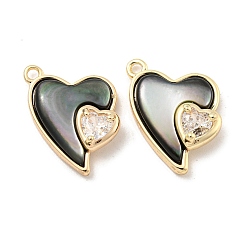 Real 18K Gold Plated Natural Black Lip Shell Pendants, Brass Pave Clear Glass Heart Charms, Real 18K Gold Plated, 16.5x12x5mm, Hole: 1.2mm
