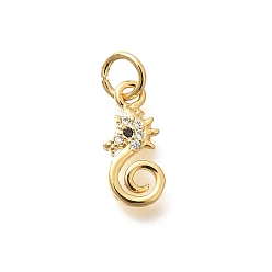 Real 18K Gold Plated Brass Micro Pave Clear Cubic Zirconia Charms, Sea Horse Charms, Rack Plating, Long-Lasting Plated, Lead Free & Cadmium Free, Real 18K Gold Plated, 12.5x6x2mm, Hole: 3mm