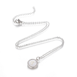 Letter T Brass Initial Pendant Necklaces, with Shell, Cubic Zirconia and 304 Stainless Steel Cable Chains, Flat Round with Letter, Letter.T, 17.5 inch(44.5cm), 1.5mm