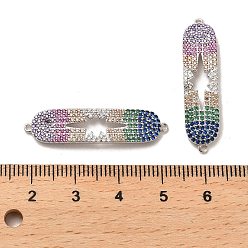 Real Platinum Plated 925 Sterling Silver Connector Charms, with Colorful Cubic Zirconia, Rectangle with 925 Stamp, Real Platinum Plated, 8x33.5x2mm, Hole: 1mm