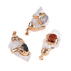 Хрусталь Кулоны из необработанного грубого натурального кристалла кварца, подвески из горного хрусталя с латунной окантовкой и железной фурнитурой, золотые, 32.5~44.5x21~33x18.5~32.5 мм, отверстие : 4x7.5 мм