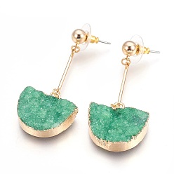 Зеленый Натуральный druzy кварц болтается серьги стержня, с фурнитурой латунной золотого тона, полукруглый, зелёные, 56 мм , штифт: 0.7 мм