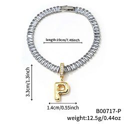 Letter P Модные латунные браслеты с подвесками, кубический цирконий теннисные браслеты для женщин, буквы, Письмо P, 7-1/2 дюйм (19 см)