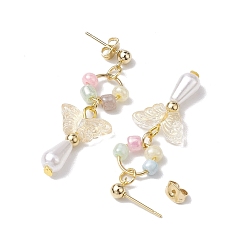Golden ABS Plastic Imitation Pearl & Glass Seed Earrings, with 304 Stainless Steel Earring Studs, Jewely for Women, Teardrop, Golden, 44x15mm