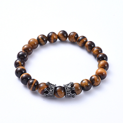 Tigerauge Natürliche Tigerauge Stretch Perlen Armbänder, mit Messing Micro Pave Zirkonia Kronenperlen, Innendurchmesser: 2-1/8 Zoll (5.5 cm)