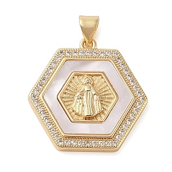 Шестиугольник Латунные микро проложить кубического циркония подвески, без кадмия и без свинца, с подвесками из ракушек, Дева Мария, реальный 18 k позолоченный, шестиугольник, 23.5x23.5x3.5 мм, отверстие : 3.5x4 мм