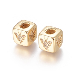 Golden Brass Micro Pave Cubic Zirconia Beads, Long-Lasting Plated, Cube with Bees Pattern, Golden, Clear, Golden, 10x8x8.5mm, Hole: 1.5x3.5mm and 4mm