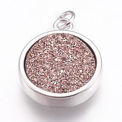 Rosy Brown Brass Charms, with Druzy Resin Cabochon, Flat Round, Platinum, Rosy Brown, 14x11.5x3mm, Hole: 2mm