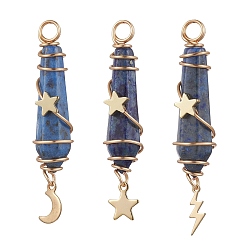Ляпис-Лазурь 3 шт. 3 стили натуральный лазурит заостренный медный провод обернутый граненый пуля большие подвески, металлические подвески в виде луны, звезды, молнии, золотые, 49~51x10~10.5x11~12 мм, отверстие : 3.5 мм, 1 шт / стиль