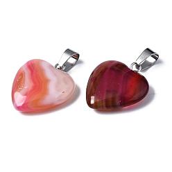 Mixed Color Natural Banded Agate/Striped Agate Pendants, Dyed, with Stainless Steel Snap On Bails, Heart, Stainless Steel Color, Mixed Color, 22~24x20~21x5~7mm, Hole: 3~4x7~8.5mm