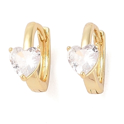 Golden Brass with Clear Cubic Zirconia Hoop Earring, Heart, Golden, 12x5.5x14mm